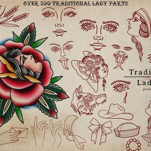 May include: A digital art collection titled Over 200 Traditional Lady Parts and Traditional Lady kit for Procreate. The image features a large, colorful rose illustration with a profile face, surrounded by numerous red line art sketches of faces, eyes, hands, bows, a wolf, and a hat on a textured tan background.