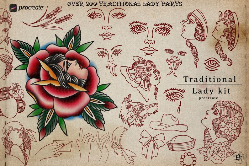 May include: A digital art collection titled Over 200 Traditional Lady Parts and Traditional Lady kit for Procreate. The image features a large, colorful rose illustration with a profile face, surrounded by numerous red line art sketches of faces, eyes, hands, bows, a wolf, and a hat on a textured tan background.