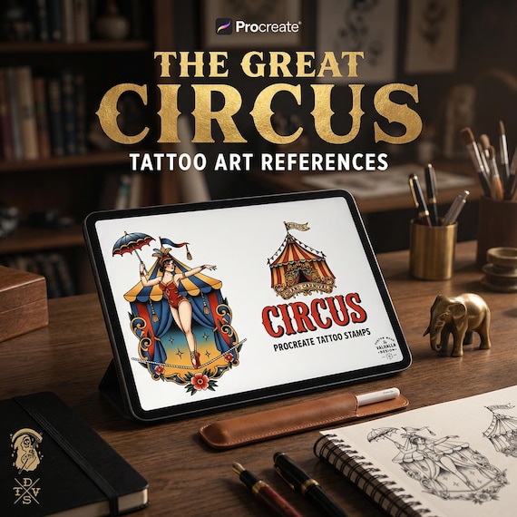 Procreate,png & Pdf Tattoo Stamp Brushes, The Circus (100+ Designs)