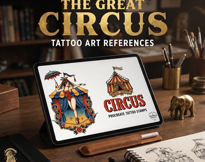 Procreate,png & Pdf Tattoo Stamp Brushes, The Circus (100+ Designs)