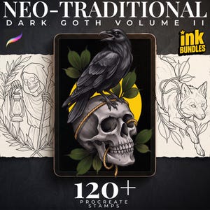 Könnte beinhalten: Eine digitale Kunstsammlung mit dem Titel NEO-TRADITIONAL DARK GOTH VOLUME II mit 120+ Procreate-Stempeln. Das zentrale Bild zeigt einen schwarzen Raben auf einem menschlichen Schädel mit grünen Blättern und einem gelben Kreis, flankiert von Skizzen.