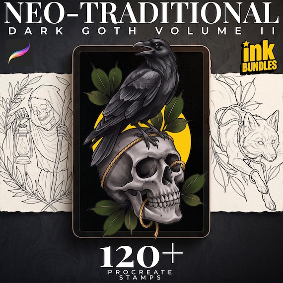 Dark Neo-Traditional vol.2 120+, Dark Macabre Tattoo Art, Neo-Traditional Procreate Stamps, Tattoo Stencils