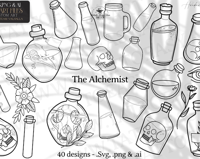 Alchemy tattoo clipart / outlined handmade tattoo inspired alchemist design bundle for stickers, prints, cutting. Format AI. SVG. PNG.