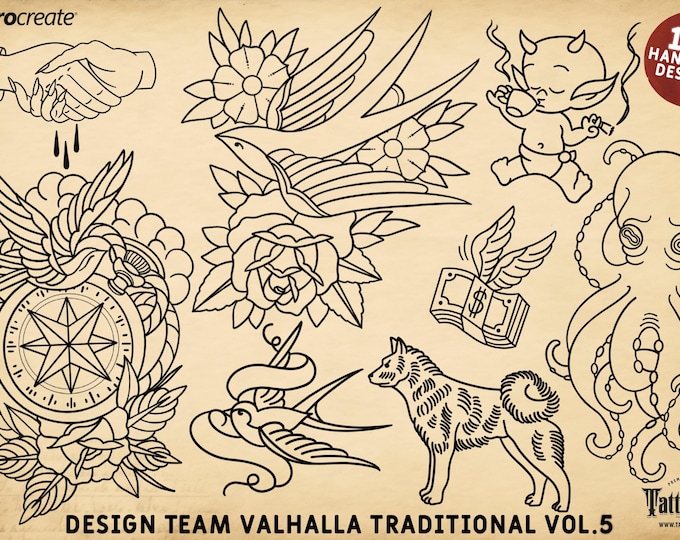 Procreate tattoo art, fillers ,inspiration, references or coloring projects! Design team Valhalla, Traditional vol.5
