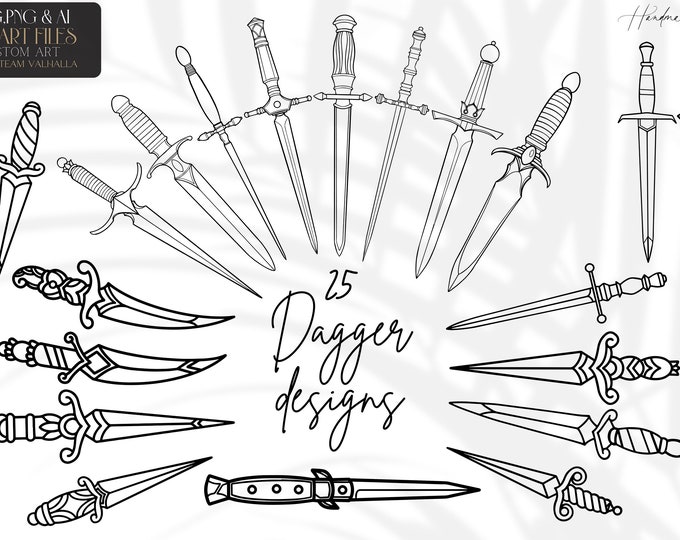 Daggers tattoo clipart / outlined handmade tattoo inspired dagger design bundle for stickers, prints, cutting. Format AI. SVG. PNG.