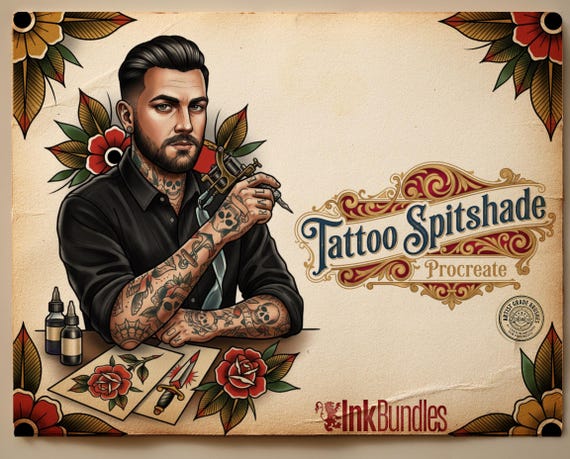 Tattoo Flash Brush Set: Watercolor, Spitshade, Ink, Paper Textures, digital download
