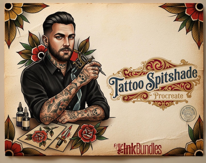 Tattoo Flash Brush Set: Watercolor, Spitshade, Ink, Paper Textures, digital download