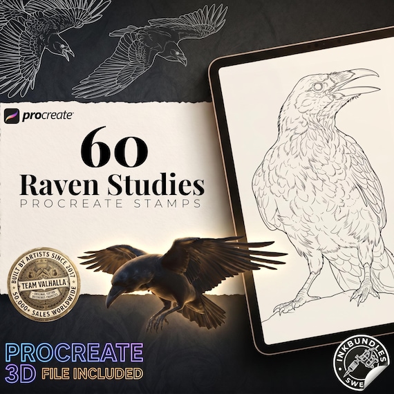 Raven Procreate Brushes, Bird Tattoo Stencils, 60+ Stamps Digital Download