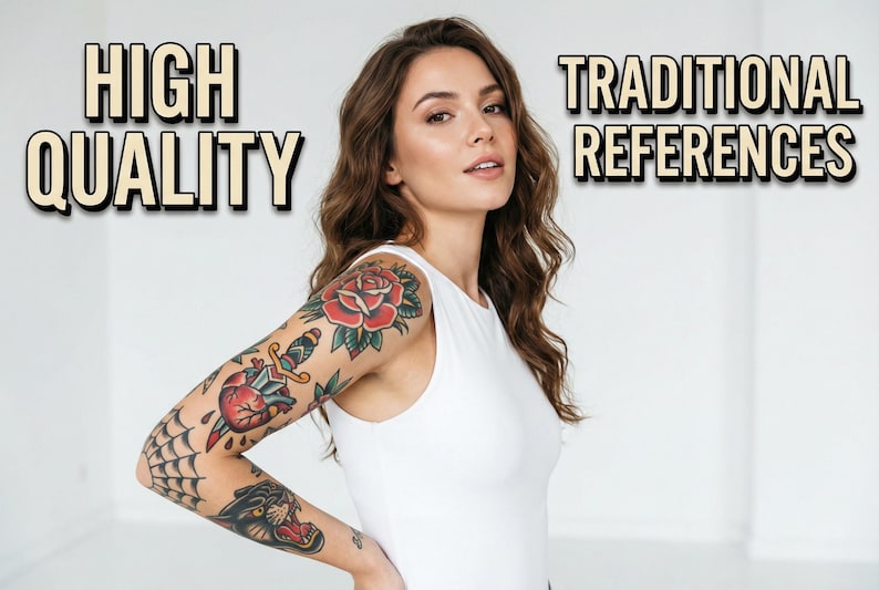 May include: A woman with tattoos on her arm, including a red rose, dagger, and panther. The woman is wearing a white tank top. The words "HIGH QUALITY" and "TRADITIONAL REFERENCES" are in the background.