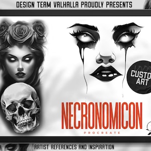 Puede incluir: Una ilustración digital de una calavera, una mujer con flores en el pelo y una cara de mujer con lágrimas que gotean. El texto "NECRONOMICON" y "PROCREATE" se muestra debajo de las imágenes. El texto "100% CUSTOM ART" se muestra en un círculo.
