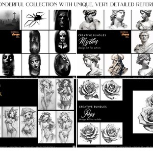 Pu&ograve; includere: Una collezione di kit di design in bianco e nero per artisti, con illustrazioni di temi horror, figure mitologiche, schizzi di pin-up e rose. Il testo sull'immagine recita "Horror", "Mythos", "Pinup Sketchbook" e "Roses".