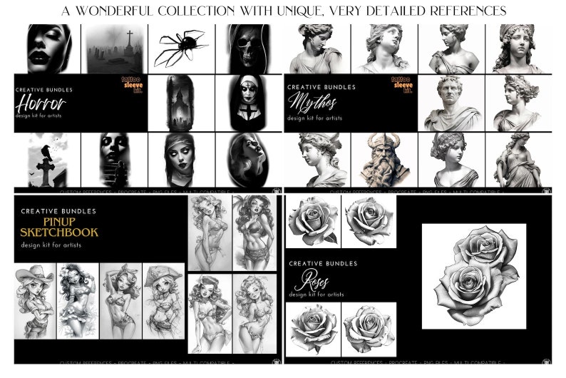 Pu&ograve; includere: Una collezione di kit di design in bianco e nero per artisti, con illustrazioni di temi horror, figure mitologiche, schizzi di pin-up e rose. Il testo sull'immagine recita "Horror", "Mythos", "Pinup Sketchbook" e "Roses".