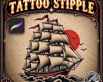 May include: A digital illustration of a sailing ship on textured paper, featuring the text TATTOO STIPPLE at the top. The ship has multiple sails, red flags, and rides on stylized waves. A red sun and birds appear in the background.