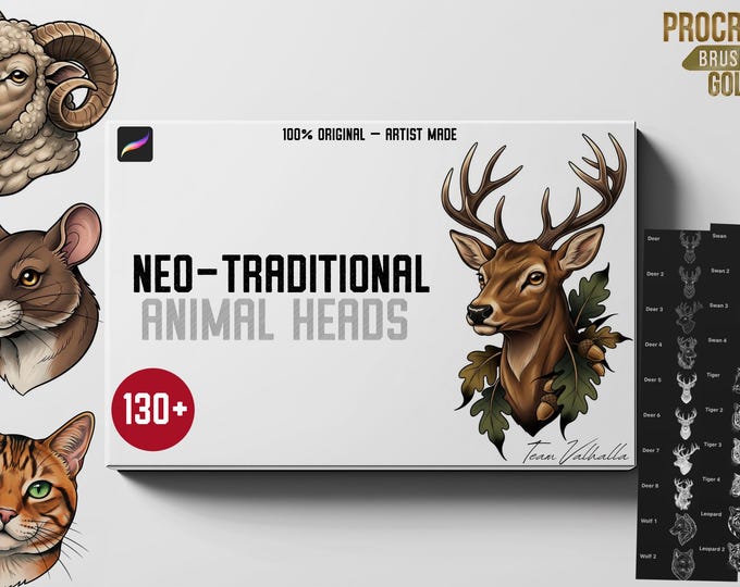Procreate, neo-traditional Animal Head templates, 130+ original designs