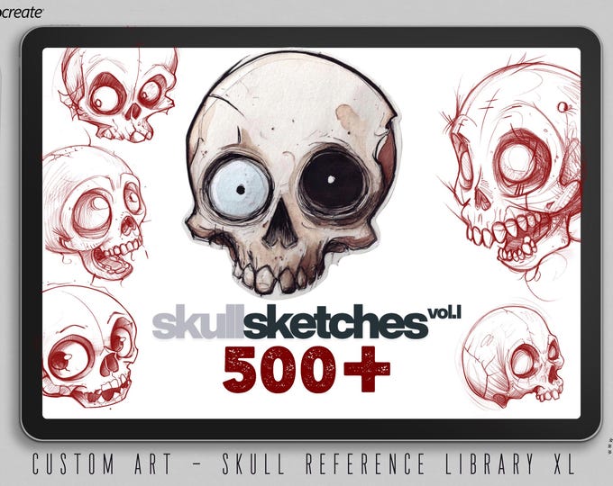 The skull sketchbook ~ 500+ skull designs, new-school skulls, cartoon skulls, cute skull references for Procreate, Boneyard Buddies vol.1