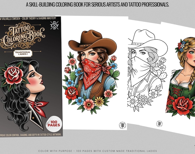 PDF, Tattoo Flash–Based Coloring Exercises vol.1 (Digital Download) 100 pages