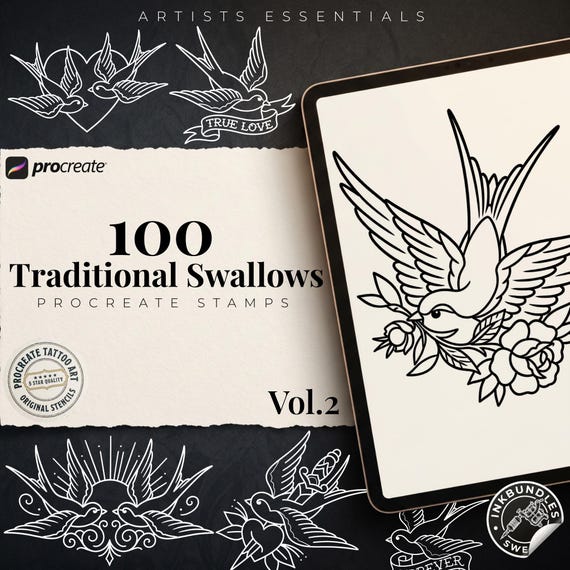 Procreate 100 Original Traditional Swallows | Bird Tattoo Brushset | Traditional Swallow designs | stencils