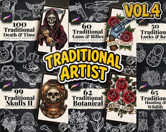 May include: A digital collection titled Traditional Artist Vol. 4 featuring Procreate brush sets. The display includes illustrations of a grim reaper with an hourglass, a revolver with roses, a deep-sea diving helmet, and red roses with the text True Love.