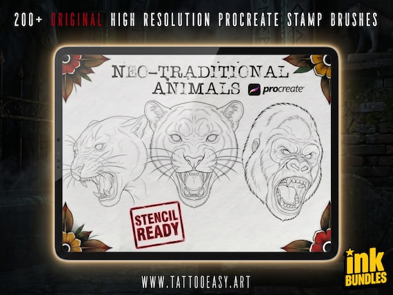 Procreate Neo Traditional Animal Tattoo Design Reference Kit,  Brushset & PNG, original stencils