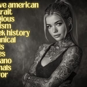 Pu&ograve; includere: Ritratto in bianco e nero di una persona con ampi tatuaggi su braccia e collo. La persona indossa un top scuro. Il testo nell'immagine include: "Native American, Portrait, Religious, Realism, Greek history, Botanical, Skulls, Roses, Chicano, Animals, Horror."