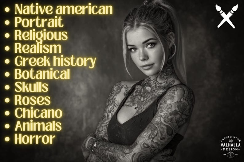 Pu&ograve; includere: Ritratto in bianco e nero di una persona con ampi tatuaggi su braccia e collo. La persona indossa un top scuro. Il testo nell'immagine include: "Native American, Portrait, Religious, Realism, Greek history, Botanical, Skulls, Roses, Chicano, Animals, Horror."