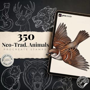May include: A digital collection of 350 Neo-Trad. Animals Procreate stamps featuring white line art of a weasel, deer, wolf, rat, and bear on a black background, with a tablet displaying a coloured illustration of a sparrow in flight.