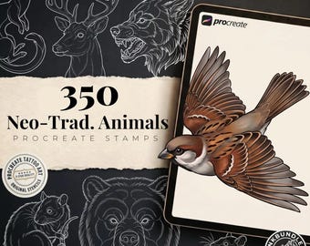 May include: A digital collection of 350 Neo-Trad. Animals Procreate stamps featuring white line art of a weasel, deer, wolf, rat, and bear on a black background, with a tablet displaying a colored illustration of a sparrow in flight.
