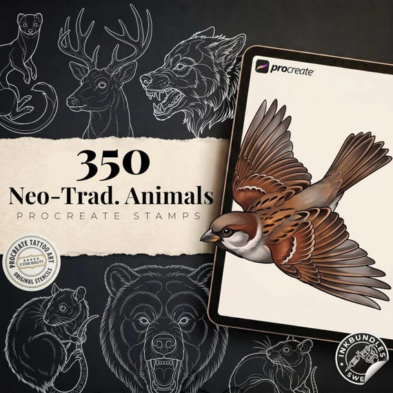 Procreate Neo Traditional Animal Tattoo Design Reference Kit,  Brushset & PNG, original stencils