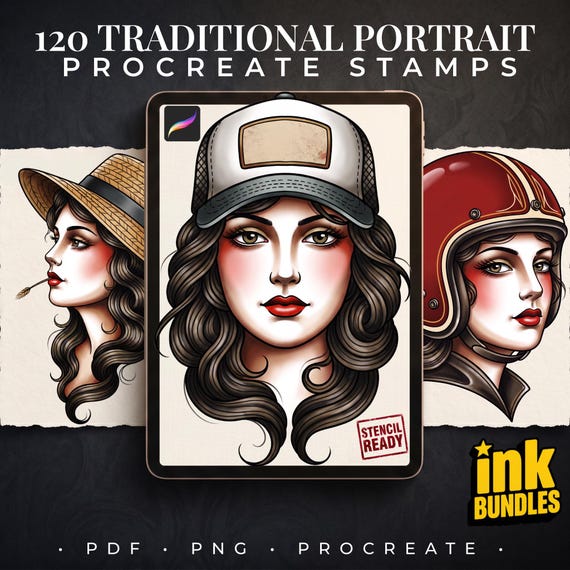 Procreate Traditional Portrait - PDF + PNG, traditional / old school lady Stencils & Flash Art