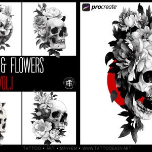 Może przedstawiać: Cztery czarno-białe ilustracje czaszek z kwiatami. Czaszki są narysowane w realistycznym stylu z detalicznymi cechami. Kwiaty są narysowane w bardziej stylizowany sposób, z dużymi płatkami i delikatnymi łodygami. Ilustracje są umieszczone na białym tle. Tekst "SKULLS & FLOWERS VOL. I" jest wyświetlany u góry obrazu.