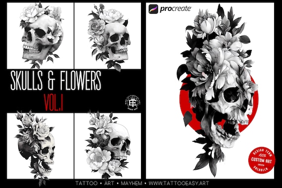 Skull & Flowers Tattoo Stamps: 129 Procreate Designs