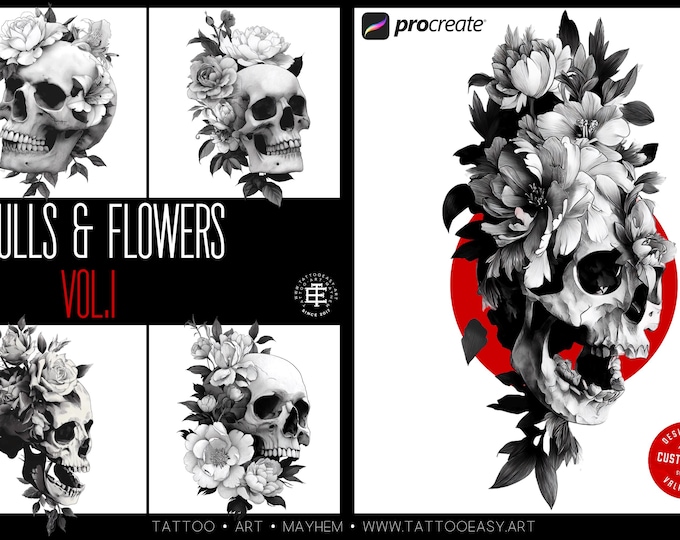 Skulls & Flowers, 120+ custom made designs, skull tattoo flash, procreate tattoo stamps, custom art, skull design bundle