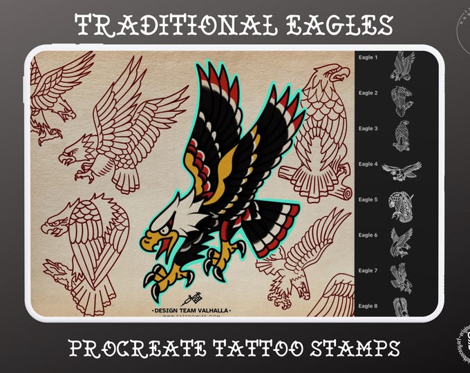 Traditional Tattoo Eagles 100 files, Procreate Stamps, SVG, PNG, EPS