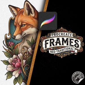 May include: A digital illustration featuring a fox head surrounded by pink and white flowers and gold filigree, next to a black panel with the text Procreate Frames Neo-Traditional and a colorful brush icon in a square.