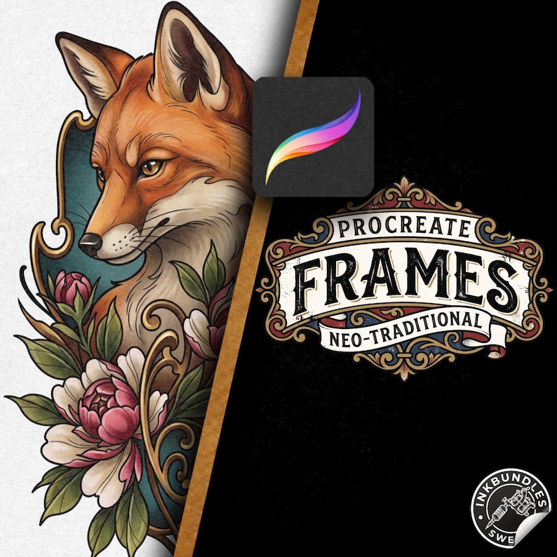 May include: A digital illustration featuring a fox head surrounded by pink and white flowers and gold filigree, next to a black panel with the text Procreate Frames Neo-Traditional and a colorful brush icon in a square.