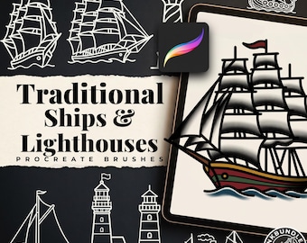 May include: A digital collection of Traditional Ships & Lighthouses Procreate brushes featuring white line art illustrations of sailing vessels and lighthouses on a black background, with a tablet displaying a colored ship illustration.