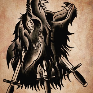 May include: A black and white illustration of a wolf's head with three daggers piercing through it. The wolf is howling with its mouth open and its teeth bared.