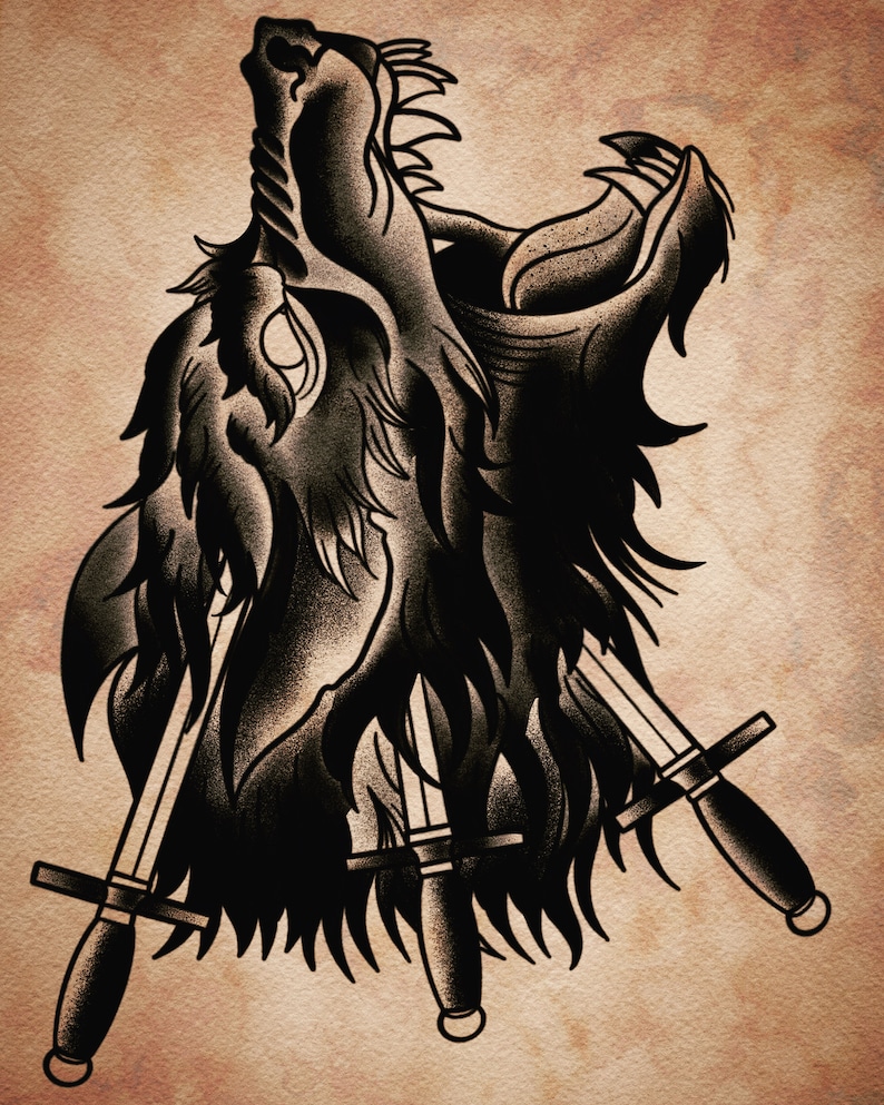 May include: A black and white illustration of a wolf's head with three daggers piercing through it. The wolf is howling with its mouth open and its teeth bared.