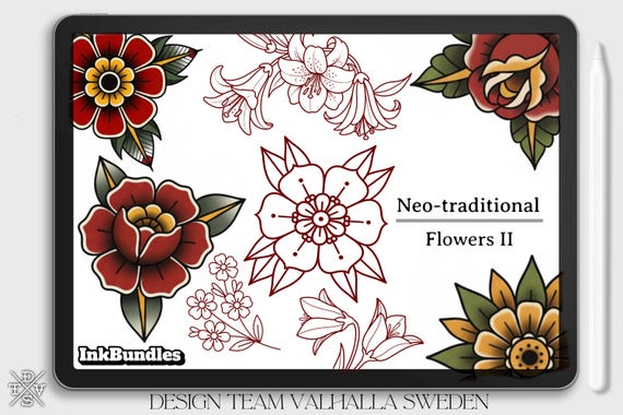 Neo-traditional flowers vol.2 - 100+ custom designs, digital download Procreate/Photoshop Stencils