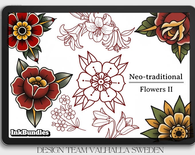 Neo-traditional flowers vol.2 - 100+ custom designs, digital download Procreate/Photoshop Stencils