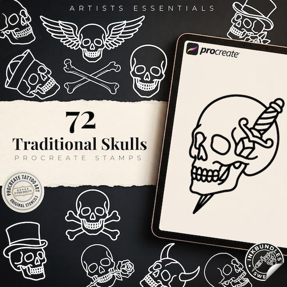 Procreate Traditional Skulls, 72 Old school Stencils / References / Skull studies