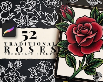 May include: A digital collection of 52 rose stamps for Procreate featuring a black background with white rose outlines and a single colored illustration of a red rose with green leaves on a tablet screen with the text 52 TRADITIONAL ROSES.