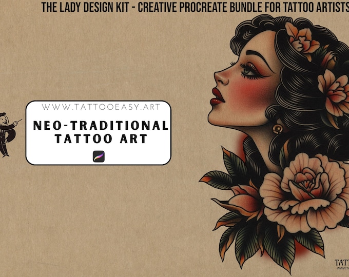 Neo-Traditional Tattoo References, Procreate Stamps & Flash Art, Tattoo Design Sketch Pack, Brushes, PNG Files
