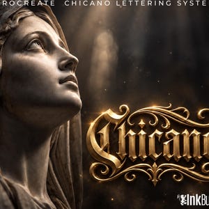 May include: A digital graphic featuring a stone-textured statue of a person looking upward, with the gold-colored text "CHICANO" in an ornate font, the header "PROCREATE CHICANO LETTERING SYSTEM," and the "InkBundles" logo in the bottom corner.