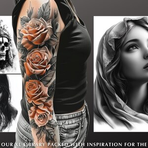 Pu&ograve; includere: Immagine con manica tatuata con rose arancioni e foglie grigie. Altre immagini includono un teschio con copricapo nativo americano, una donna con un teschio e un ritratto di una donna con un copricapo. Il testo in basso recita "DISCOVER OUR XL LIBRARY PACKED WITH INSPIRATION FOR THE CREATIVE".
