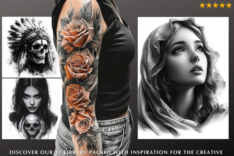 Pu&ograve; includere: Immagine con manica tatuata con rose arancioni e foglie grigie. Altre immagini includono un teschio con copricapo nativo americano, una donna con un teschio e un ritratto di una donna con un copricapo. Il testo in basso recita "DISCOVER OUR XL LIBRARY PACKED WITH INSPIRATION FOR THE CREATIVE".