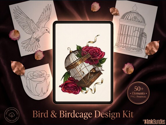 Procreate 50+ Bird & Birdcage diy kit | Custom Art | Tattoo references, creative kit,