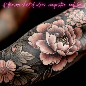 Pu&ograve; includere: Tatuaggio dettagliato di un fiore di peonia e altri elementi floreali su un braccio. Il tatuaggio presenta una grande peonia rosa con dettagli intricati, circondata da foglie e fiori pi&ugrave; piccoli. Il testo "A treasure chest of ideas, composition, and form" &egrave; sopra.