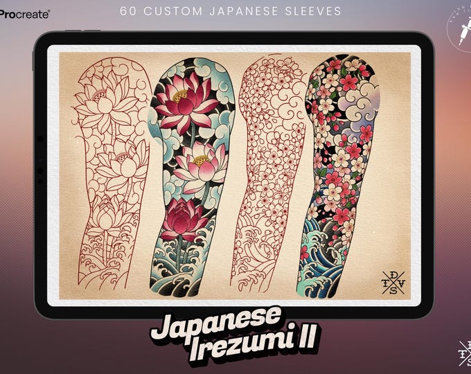 Procreate, Irezumi 2 - Japanese Traditional Tattoo Designs (Sleeves, flowers & Chest)
