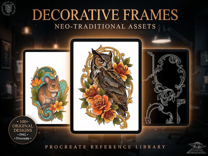 May include: A digital reference library titled DECORATIVE FRAMES NEO-TRADITIONAL ASSETS featuring 100+ original designs. The display shows a mouse with orange flowers, an owl with orange roses in a gold frame, and white line art frames.